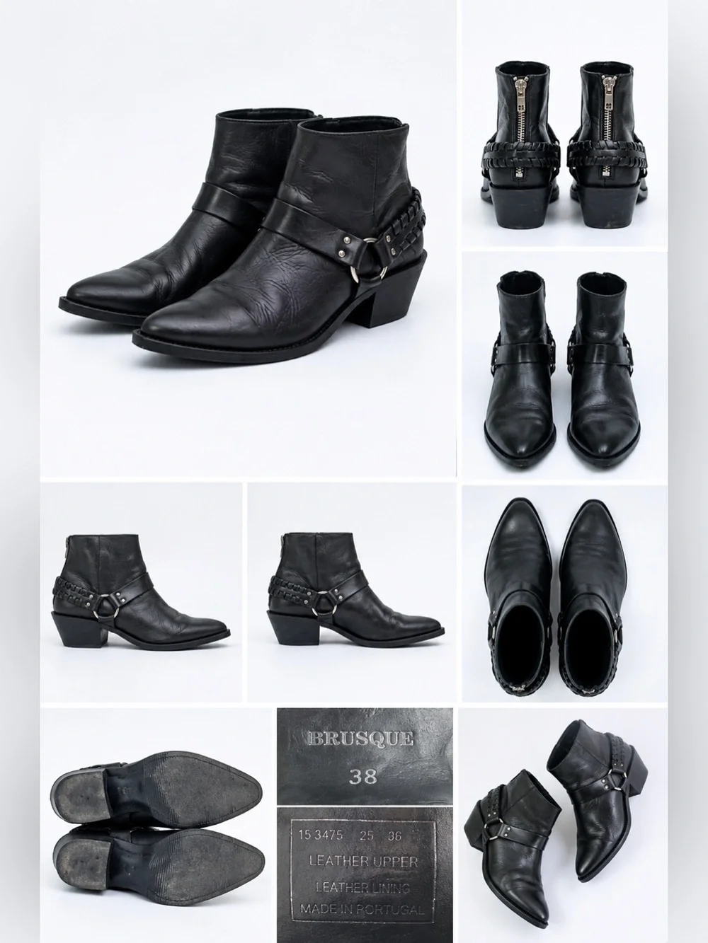 Brusque Black Leather Western Harness Ankle Boots Made in Portugal US 7.5–8